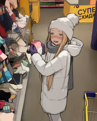 Rule 34 | 1girl, :d, black footwear, blonde hair, blush, boots, child, coat, commentary, from side, gloves, grey scarf, hat, highres, holding, hood, hood down, indoors, knit hat, long hair, looking at viewer, looking to the side, luimiart, open mouth, original, pantyhose, purple gloves, scarf, shop, shopping cart, smile, socks, solo focus, standing, symbol-only commentary, white coat, white pantyhose, winter clothes, winter coat