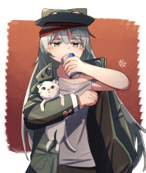 Rule 34 | 1girl, can, carrying, cat, drinking, expressionless, g11 (girls&#039; frontline), girls&#039; frontline, green headwear, green jacket, grey hair, grey shirt, highres, jacket, long hair, long sleeves, looking at viewer, nyanpu, red background, shirt, solo, very long hair