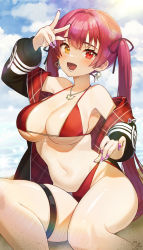 Rule 34 | 1girl, absurdres, arrow through heart, beach, bikini, bikini top lift, black jacket, black ribbon, blush, breasts, cleavage, clothes lift, earrings, fingernails, hair ribbon, hand up, heart, heart earrings, heart necklace, heterochromia, highres, hololive, houshou marine, houshou marine (summer), jacket, jewelry, large breasts, long hair, nail polish, navel, necklace, noixen, off shoulder, official alternate costume, open clothes, open jacket, open mouth, pink nails, plaid, red bikini, red eyes, red hair, ribbon, signature, sitting, skindentation, smile, solo, strap lift, sunlight, swimsuit, thighs, twintails, very long hair, virtual youtuber, w, yellow eyes