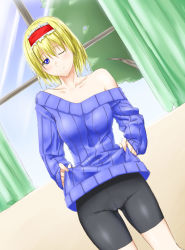 Rule 34 | 1girl, alice margatroid, bike shorts, blonde hair, blue eyes, bow, breasts, cameltoe, clothes lift, dutch angle, female focus, hair bow, hairband, highres, niwatazumi, off shoulder, one eye closed, ribbed sweater, shirt lift, short hair, smile, solo, sweater, touhou, wink
