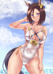 Rule 34 | absurdres, air groove (umamusume), animal ears, arm behind head, bikini, blue eyes, breasts, brown hair, cleavage, cross-laced bikini, cross-laced clothes, ear ornament, hand on own hip, highres, horse ears, horse girl, horse tail, large breasts, looking at viewer, one-piece swimsuit, skin tight, skindentation, solo, swimsuit, tail, thick thighs, thighs, uchida shou, umamusume, wet, white bikini, white one-piece swimsuit