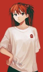 Rule 34 | 1girl, blue eyes, brown hair, character name, closed mouth, collarbone, frown, hair between eyes, hand on own hip, headgear, highres, long hair, looking at viewer, neon genesis evangelion, red background, shirt, simple background, solo, souryuu asuka langley, standing, white shirt, yuzu hiko (ruffle-ponzu)