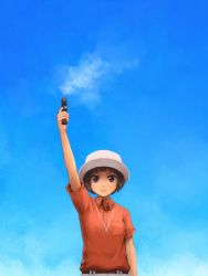 Rule 34 | 1girl, belt, blue sky, blunt bangs, breast pocket, brown eyes, brown hair, closed mouth, commentary request, day, gun, hand up, handgun, hat, holding, looking at viewer, original, outdoors, pants, pistol, pocket, red shirt, shirt, short hair, short sleeves, sky, smoke, solo, upper body, weapon, whistle, white hat, yajirushi (chanoma)