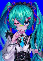 Rule 34 | 1girl, 39, :p, bandaid, bandaid on face, bandaid on nose, belt, blue eyes, blue hair, buckle, clenched hand, clothing cutout, collared shirt, commentary, food-themed hair ornament, frilled suspenders, frills, hair ornament, hair ribbon, hairband, hairclip, hand up, hatsune miku, heart, heart-shaped buckle, highres, holding, holding hair, index finger raised, jewelry, kakitsubata anko, leather, lolita hairband, long hair, long sleeves, looking at viewer, necklace, necktie, one eye closed, ribbon, shirt, solo, spring onion hair ornament, sticker on face, suspenders, tie clip, tongue, tongue out, twintails, vocaloid, wing collar, x hair ornament