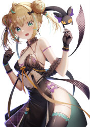 Rule 34 | 1girl, alternate costume, black bow, black gloves, black thighhighs, blonde hair, bow, bracelet, breasts, commentary request, double bun, earrings, fang, gloves, green eyes, green hair, hair bun, hair ornament, highres, jewelry, looking at viewer, lucie (millie parfait), millie parfait, multicolored hair, nijisanji, nijisanji en, open mouth, orange bow, plaid, side slit, simple background, skin fang, small breasts, streaked hair, thighhighs, virtual youtuber, white background, x hair ornament, zzz (zzz00166403zzz)