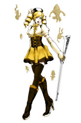 Rule 34 | 1girl, araki hirohiko (style), beret, blonde hair, boots, brown thighhighs, corset, crossover, detached sleeves, drill hair, fingerless gloves, gloves, gun, hair ornament, hairpin, hat, high heel boots, high heels, highres, jojo no kimyou na bouken, long hair, magical girl, magical musket, mahou shoujo madoka magica, mahou shoujo madoka magica (anime), musket, parody, pleated skirt, puffy sleeves, sex pistols (stand), skirt, solo, stand (jojo), striped clothes, striped thighhighs, style parody, teku (the3dempire), thighhighs, tomoe mami, twin drills, twintails, vertical-striped clothes, vertical-striped thighhighs, weapon, zettai ryouiki