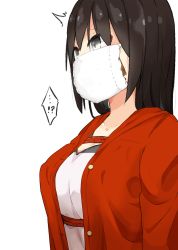 Rule 34 | !?, ..., 1girl, ^^^, bdsm, black hair, blue eyes, blush, bound, breasts, cleavage, collarbone, gag, gagged, hoojiro (found1093), improvised gag, jacket, large breasts, long hair, looking away, mask, motion lines, mouth mask, open clothes, open jacket, original, raglan sleeves, red jacket, shibari, shibari over clothes, simple background, solo, straight hair, tape, tape gag, unbuttoned, upper body, v-neck, white background