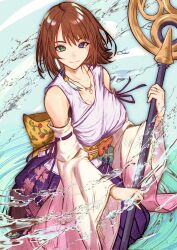 Rule 34 | 1girl, back bow, bare shoulders, beads, black bra, boots, bow, bra, breasts, brown footwear, detached sleeves, final fantasy, final fantasy x, green eyes, hair beads, hair ornament, heterochromia, highres, holding, holding staff, japanese clothes, jewelry, kneeling, large breasts, long skirt, long sleeves, looking at viewer, medium hair, necklace, nontraditional miko, obi, pleated skirt, purple eyes, purple skirt, ring, sash, shirt, skirt, smile, solo, staff, temoc, underwear, water, white shirt, white sleeves, wide sleeves, yuna (ff10)
