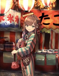 Rule 34 | 1girl, blue eyes, blue kimono, blurry, blurry background, blush, bow, brown hair, commentary, epi zero, feet out of frame, fireworks, floral print, food, from side, hair between eyes, hair bow, hair ornament, hand fan, highres, holding, holding fan, japanese clothes, kimono, kinchaku, kooribata, lantern, light blue nails, long hair, long sleeves, looking at viewer, market stall, nail polish, night, nijisanji, open mouth, outdoors, paper fan, paper lantern, pink nails, pouch, smile, solo, striped clothes, striped kimono, summer festival, suzuhara lulu, suzuhara lulu (2nd costume), takoyaki, uchiwa, vertical-striped clothes, vertical-striped kimono, virtual youtuber, wide sleeves, yukata