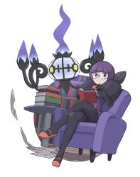 Rule 34 | 1girl, black pantyhose, blunt bangs, book, bookshelf, chair, chandelure, closed mouth, commentary request, couch, creatures (company), crossed legs, dress, game freak, gen 5 pokemon, glasses, gloves, highres, holding, holding book, holding pen, looking at viewer, mary janes, nintendo, pantyhose, paper, pen, pokemon, pokemon (creature), pokemon bw, purple dress, purple eyes, purple hair, shauntal (pokemon), shoes, short hair, simple background, sitting, smile, table, urin (littleurin), white background
