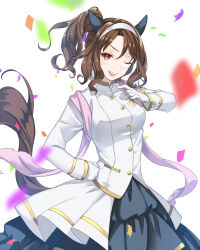 Rule 34 | 1girl, absurdres, animal ears, black skirt, blurry, blurry foreground, brown hair, confetti, ear covers, gloves, hairband, hand on own hip, hand up, highres, horse ears, horse girl, horse tail, impossible clothes, jacket, king halo (noble white cheer attire) (umamusume), king halo (umamusume), long sleeves, looking at viewer, nekogusa kinako, one eye closed, open mouth, ponytail, red eyes, short hair, side ponytail, simple background, skirt, smile, solo, tail, umamusume, upper body, white background, white gloves, white jacket