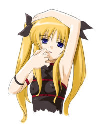 Rule 34 | 00s, 1girl, armlet, belt, black bow, blonde hair, blue eyes, bow, breasts, eyebrows, fate testarossa, fate testarossa (lightning form), hand on own head, hand to own mouth, long hair, lowres, lyrical nanoha, magical girl, mahou shoujo lyrical nanoha, nipples, open mouth, small breasts, solo, thick eyebrows, twintails