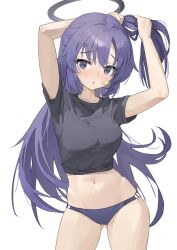 Rule 34 | 1girl, absurdres, adjusting hair, black shirt, blue archive, blue buruma, breasts, buruma, chinese commentary, cowboy shot, facial mark, gluteal fold, halo, highres, long hair, looking at viewer, mechanical halo, medium breasts, navel, official alternate costume, parted lips, purple eyes, purple hair, riok hh, shirt, short sleeves, simple background, solo, star (symbol), white background, yuuka (blue archive), yuuka (track) (blue archive)