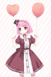 Rule 34 | 1girl, balloon, brown eyes, cowboy shot, dress, floating, hairband, hat, heart balloon, holding, looking to the side, original, pink hair, puffy short sleeves, puffy sleeves, red dress, short hair, short sleeves, solo, striped, striped background, top hat, usashiro mani