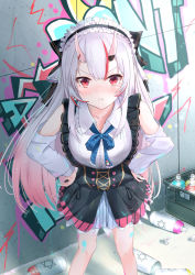 Rule 34 | 1girl, blouse, blue bow, blue bowtie, blush, bottle, bow, bowtie, breasts, closed mouth, detached sleeves, dress, frills, graffiti, hands on own hips, highres, hololive, horns, inaka 44, japanese clothes, long hair, looking at viewer, maid headdress, nakiri ayame, nakiri ayame (girly), nose blush, oni, paint on body, pinafore dress, pleated shirt, pout, shirt, skin-covered horns, skirt, sleeveless, sleeveless dress, solo, spray bottle, spray paint, very long hair, virtual youtuber, white shirt