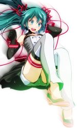 Rule 34 | 1girl, :d, absurdres, aqua eyes, aqua hair, bad id, bad pixiv id, black bra, black gloves, bra, breasts, choker, cleavage, elbow gloves, female focus, floating hair, full body, gloves, hair between eyes, hair ribbon, hand in own hair, hatsune miku, highres, invisible chair, isokaze (kancolle), kantai collection, leg warmers, long hair, looking at viewer, looking down, medium breasts, open mouth, project diva (series), red ribbon, ribbon, short shorts, shorts, simple background, sitting, smile, solo, thigh strap, tsukishiro saika, twintails, underwear, very long hair, vocaloid, white background