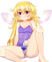Rule 34 | 1girl, bare arms, bare legs, bare shoulders, barefoot, blonde hair, breasts, camisole, closed mouth, clownpiece, commentary request, condom, condom wrapper, fairy wings, hair between eyes, highres, knee up, long hair, looking at viewer, messy hair, panties, pink hair, simple background, siohureiya, sitting, small breasts, smile, solo, star-shaped pupils, star (symbol), striped clothes, striped panties, symbol-shaped pupils, touhou, underwear, very long hair, white background, wings