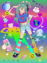 Rule 34 | 1girl, aqua eyes, aqua hair, asymmetrical sleeves, blue eyes, blue hair, bow, bracelet, closed mouth, crop top, denim, denim shorts, earclip, earrings, expressionless, garter belt, garter straps, gradient background, hair bow, hair ornament, hair scrunchie, hairclip, hand on own hip, hatsune miku, highres, jewelry, long hair, looking at viewer, loose socks, mary janes, midriff, mismatched sleeves, mismatched socks, multicolored hair, navel, necklace, pearl choker, pkunooo, salute, scrunchie, shirt, shoes, short sleeves, shorts, socks, solo, streetwear, twintails, two-tone hair, very long hair, vocaloid