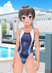 Rule 34 | 1girl, absurdres, bench, black hair, black one-piece swimsuit, blue eyes, blue sky, cameltoe, cloud, collarbone, commentary request, competition swimsuit, covered navel, day, flat chest, highres, long hair, multicolored clothes, multicolored swimsuit, one-piece swimsuit, open mouth, original, outdoors, pool, pool ladder, poolside, round teeth, short hair, sky, smile, solo, standing, striped clothes, striped one-piece swimsuit, swimsuit, takafumi, tan, teeth, tomboy, upper teeth only, vertical-striped clothes, vertical-striped one-piece swimsuit