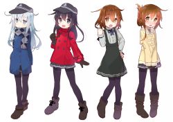 Rule 34 | 10s, 4girls, :d, akatsuki (kancolle), alternate costume, bad id, bad pixiv id, black eyes, black hair, blue eyes, blush, boots, brown eyes, brown hair, casual, clenched hand, flat cap, folded ponytail, gloves, hair ornament, hairclip, hand on own hip, hat, hibiki (kancolle), ikazuchi (kancolle), inazuma (kancolle), jacket, kantai collection, long hair, muhogame, multiple girls, neck ribbon, open mouth, pantyhose, ribbon, scarf, smile, v arms, white background, white hair