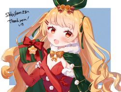 Rule 34 | 1girl, azur lane, blonde hair, box, cape, christmas, christmas ornaments, christmas present, commission, commissioner upload, dress, elbow gloves, fur-trimmed cape, fur-trimmed gloves, fur trim, gift, gift box, gloves, green cape, green ribbon, hair ornament, hairclip, highres, ichi (ichimano), jenkins (azur lane), jenkins (light of the holiest star) (azur lane), long hair, looking at viewer, red dress, red gloves, red ribbon, ribbon, simple background, skeb commission, solo, strapless, strapless dress, twintails, wavy hair, yellow ribbon