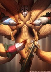 Rule 34 | breasts, convenient censoring, furry, glowing, glowing eyes, highres, kitsune, kyuubi, large breasts, looking at viewer, mask, multiple tails, ninetails (ookami), nude, ookami (game), sword, tail, weapon, wide hips