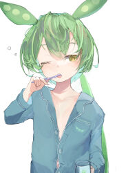 Rule 34 | 1girl, absurdres, blue shirt, brushing teeth, commentary request, cup, edamame, green hair, half-closed eye, hand up, highres, holding, holding cup, long hair, long sleeves, looking down, low ponytail, mimikuri (user mtdk7723), navel, one eye closed, partially unbuttoned, pocket, ponytail, shirt, simple background, solo, very long hair, voicevox, white background, yellow eyes, zundamon