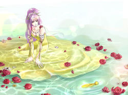 Rule 34 | 1990s (style), 1girl, 3ta2, alternate costume, alternate hairstyle, bare shoulders, dress, faris scherwiz, feathers, female focus, final fantasy, final fantasy v, flower, gradient background, green eyes, jewelry, long hair, necklace, purple hair, red flower, red rose, retro artstyle, rose, sad, sad smile, sarisa highwind tycoon, sitting, smile, solo, spoilers, water, wet
