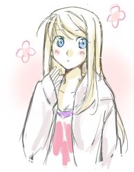 Rule 34 | 1girl, arm at side, bad id, bad pixiv id, blonde hair, blue eyes, blush, blush stickers, breasts, cleavage, collarbone, expressionless, eyelashes, floral background, flower, fullmetal alchemist, gradient background, hand up, jacket, long hair, looking to the side, open clothes, open jacket, parted lips, pink background, pink flower, pink shirt, riarashu, shirt, simple background, sleeves past wrists, solo, straight hair, upper body, white background, white jacket, winry rockbell