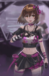 Rule 34 | 1girl, absurdres, asymmetrical legwear, bad id, bad twitter id, belt, black gloves, black skirt, blurry, blurry background, bow, brown eyes, brown hair, chain, choker, clothing cutout, commentary, darutanyan1023, depth of field, gloves, hagiwara yukiho, hair bow, hand on own chest, heart, heart cutout, heart necklace, highres, holding, holding microphone, idol, idolmaster, idolmaster (classic), jewelry, lace, lace-trimmed shirt, lace trim, layered skirt, looking at viewer, microphone, midriff, miniskirt, mismatched legwear, navel, necklace, off-shoulder shirt, off shoulder, open mouth, purple belt, purple bow, purple choker, purple ribbon, ribbon, shirt, shirt straps, short hair, single glove, skirt, skull and crossbones, solo, standing, striped, sweat, thighhighs