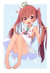 Rule 34 | 1girl, :d, absurdres, bare arms, bare shoulders, barefoot, blue background, blush, brown eyes, brown hair, commentary request, dark-skinned female, dark skin, dress, fang, full body, hair between eyes, hands up, heart, highres, kantai collection, knees up, libeccio (kancolle), long hair, looking at viewer, neckerchief, no panties, okota mikan, open mouth, pigeon-toed, sailor collar, sailor dress, sleeveless, sleeveless dress, smile, solo, striped, striped neckerchief, striped neckwear, tan, twintails, two-tone background, very long hair, white background, white dress, white sailor collar