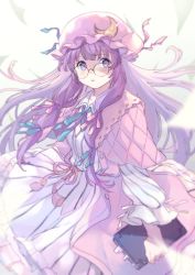 Rule 34 | 1girl, bespectacled, blush, book, capelet, collared dress, commentary request, crescent, crescent pin, dress, glasses, glint, hair ribbon, hat, hat pin, highres, holding, holding book, light particles, long hair, looking at viewer, mob cap, parted lips, patchouli knowledge, pink capelet, pink hat, purple eyes, purple hair, ribbon, round eyewear, solo, touhou, vanilla (miotanntann)
