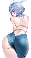 Rule 34 | 1girl, absurdres, ako (blue archive), ako (dress) (blue archive), ass, ass focus, back, backboob, backless dress, backless outfit, bare shoulders, bent over, blue archive, blue dress, blue eyes, blue hair, breasts, butt crack, dress, earrings, fluffyebi01, from behind, halo, highres, jewelry, large breasts, looking at viewer, looking back, simple background, solo, thighs, white background