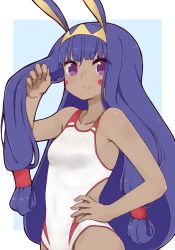 Rule 34 | &gt;:), 1girl, animal ears, bare arms, bare shoulders, blue background, breasts, closed mouth, competition swimsuit, dark-skinned female, dark skin, facial mark, fate/grand order, fate (series), hand on own hip, i.u.y, jackal ears, long hair, nitocris (fate), nitocris (fate/grand order), nitocris (swimsuit assassin) (fate), nitocris (swimsuit assassin) (second ascension) (fate), one-piece swimsuit, purple eyes, purple hair, sidelocks, small breasts, smile, solo, swimsuit, two-tone background, v-shaped eyebrows, very long hair, white background, white one-piece swimsuit