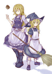 Rule 34 | 2girls, aged down, apron, bad id, bad pixiv id, blonde hair, boots, braid, breasts, broom, dual persona, fingerless gloves, flat chest, full body, gloves, green eyes, hand on own hip, hat, kenii, kenuu (kenny), kirisame marisa, knee boots, loafers, long hair, mini-hakkero, multiple girls, no headwear, one eye closed, shoes, side braid, small breasts, smile, socks, standing, touhou, waist apron, wink, witch hat