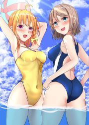 Rule 34 | 2girls, absurdres, artist name, artist request, ball, bare legs, bare shoulders, beachball, blue one-piece swimsuit, blue sky, blush, bow, braid, breasts, brown hair, casual one-piece swimsuit, cleavage, cloud, collarbone, criss-cross halter, day, embarrassed, female focus, from behind, hair bow, hair over shoulder, halterneck, highres, holding, holding ball, holding beachball, light brown hair, looking at viewer, looking back, love live!, love live! school idol festival, love live! sunshine!!, medium breasts, multiple girls, o-ring, o-ring swimsuit, ocean, one-piece swimsuit, orange hair, outdoors, parted lips, red eyes, short hair, side-tie swimsuit, side braid, sky, smile, sun, sunlight, swimsuit, takami chika, thighhighs, watanabe you, yellow bow, yellow one-piece swimsuit