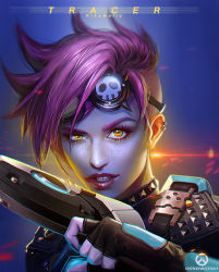 Rule 34 | 1girl, alternate hair color, artist name, backlighting, black nails, blue background, character name, clenched teeth, copyright name, ear piercing, eyelashes, fingerless gloves, freckles, gloves, goggles, gun, handgun, highres, lips, lipstick, makeup, nail polish, nose, official alternate costume, overwatch, overwatch 1, parted lips, piercing, pink hair, pistol, portrait, punk tracer, purple background, realistic, rikamello, short hair, signature, solo, spiked hair, teeth, tracer (overwatch), weapon
