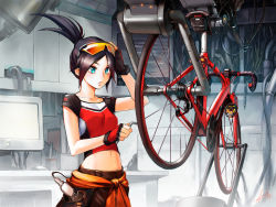 1girl bicycle black_hair blue_eyes eyewear_on_head female_focus fingerless_gloves gloves midriff patipat_asavasena ponytail raglan_sleeves shirt signature solo sunglasses