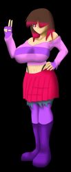 Rule 34 | bete noire, betty noire, big boob, boots, brown hair, glitchtale, pink shirt, purple shirt, red eyes, red hair, red skirt, shirt, skirt
