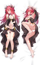 Rule 34 | 1girl, armpits, bare shoulders, barefoot, blush, breasts, censored, cleavage, dakimakura (medium), detached sleeves, dress, duel monster, feet, hair ornament, heart, heart censor, highres, horns, leg up, legs, long hair, looking at viewer, lying, medium breasts, midriff, navel, on back, on side, open mouth, pussy, red hair, smile, soles, solo, spread armpit, tattoo, toenails, toes, traptrix allomerus, very long hair, yellow eyes, yu-gi-oh!, zhongwu chahui