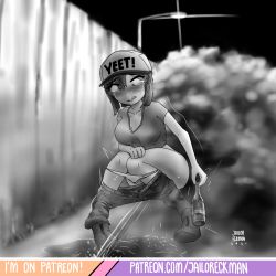Rule 34 | 1girl, absurdres, baseball cap, blush, boots, bottle, breasts, bush, clothes pull, clothes writing, collarbone, fang, grass, hat, highres, holding, jailor eckman, looking down, medium breasts, monochrome, panties, pants, pants pull, panty pull, peeing, puddle, shirt, short hair, short sleeves, squatting, steam, tears, teeth, trembling, underwear, wall