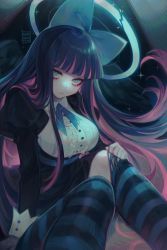 Rule 34 | black dress, black hair, blue bow, blue eyes, blunt bangs, bow, breasts, colored inner hair, commentary, dated, dress, feet out of frame, hair bow, halo, highres, juliet sleeves, kamochiru, large breasts, long sleeves, looking at viewer, multicolored hair, panty &amp; stocking with garterbelt, pink hair, puffy sleeves, shirt, signature, sitting, solo, stocking (psg), striped clothes, striped legwear, striped thighhighs, thighhighs, torn clothes, torn legwear, white shirt, wings