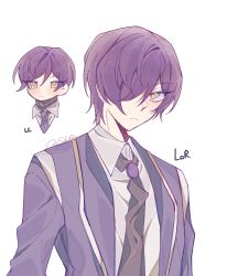Rule 34 | 1boy, black sweater, blush, closed mouth, coat, collared shirt, hair over one eye, highres, library of ruina, lobotomy corporation, long sleeves, looking at viewer, male focus, multiple views, necktie, project moon, purple coat, purple hair, purple necktie, ribbed sweater, sakiaoba, shirt, simple background, sweater, sweater under shirt, turtleneck, turtleneck sweater, upper body, white background, white shirt, yellow eyes, yesod (project moon)