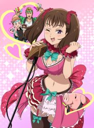 Rule 34 | 1girl, black thighhighs, blush, breasts, brown eyes, brown hair, cleavage, diane (nanatsu no taizai), hair ornament, large breasts, low twintails, microphone, nanatsu no taizai, navel, official style, sairen ayame, skirt, thighhighs, twintails