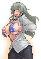 Rule 34 | 1girl, aged up, american flag, american flag bikini, american flag print, bikini, bikini under clothes, blush, breasts, cleavage, flag print, glasses, large breasts, long hair, open clothes, open shirt, print bikini, red eyes, rozen maiden, shirt, sideboob, silver hair, smile, solo, suigintou, swimsuit, swimsuit under clothes, tsuda nanafushi