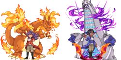 Rule 34 | 2boys, bad id, bad pixiv id, boots, charizard, claws, commentary request, creatures (company), dark-skinned male, dark skin, dragon, duraludon, fire, flame-tipped tail, game freak, gen 1 pokemon, gen 8 pokemon, gigantamax, gigantamax charizard, gigantamax duraludon, gym leader, k-shiki, leon (pokemon), long sleeves, male focus, multiple boys, nintendo, pants, pixel art, pokemon, pokemon (creature), pokemon swsh, raihan (pokemon), sprite, transparent background