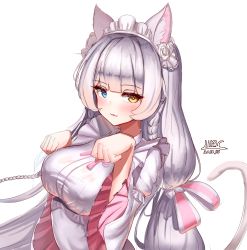 Rule 34 | 1girl, :3, animal ears, artist name, bell, blue eyes, braid, breasts, cat ears, cat girl, cat tail, collar, dated, heterochromia, highres, hime cut, last origin, lilac (k32420276), looking at viewer, maid headdress, medium breasts, neck bell, paw pose, perrault (last origin), silver hair, simple background, smile, solo, tail, twin braids, white background, yellow eyes
