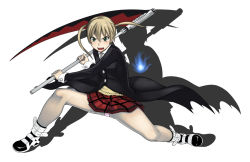Rule 34 | 00s, 1girl, angry, blonde hair, blush, coat, female focus, fighting stance, fire, full body, glowing, green eyes, legs, maka albarn, necktie, oboro (squeeze), open mouth, panties, pantyshot, pink panties, plaid, plaid skirt, pleated skirt, school uniform, scythe, serafuku, shadow, simple background, skirt, solo, soul, soul eater, soul evans, spread legs, strap, striped, sweater vest, torn clothes, trench coat, twintails, underwear