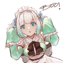 Rule 34 | 1girl, apron, aqua hair, black bow, black bowtie, blue bow, blue eyes, bow, bowtie, breasts, chestnut mouth, collar, detached sleeves, dress, frilled collar, frilled sleeves, frills, hair bow, hair ornament, hands up, highres, indie virtual youtuber, long sleeves, looking at viewer, maid, maid apron, maid headdress, medium breasts, mint fantome, multicolored hair, open mouth, simple background, sleeves past fingers, sleeves past wrists, solo, tablicoart, upper body, virtual youtuber, white background, white hair, wide-eyed, wide sleeves, x hair ornament
