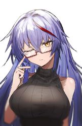 Rule 34 | 1girl, adjusting eyewear, akafuyu (arknights), alternate costume, arknights, bare arms, bare shoulders, bespectacled, black sweater, breasts, closed mouth, collarbone, commentary request, glasses, glint, highres, horn/wood, large breasts, long hair, looking at viewer, mole, mole under mouth, multicolored hair, orange eyes, purple hair, rectangular eyewear, red-framed eyewear, red hair, semi-rimless eyewear, sleeveless, sleeveless sweater, solo, straight hair, streaked hair, sweater, two-tone hair, under-rim eyewear, very long hair